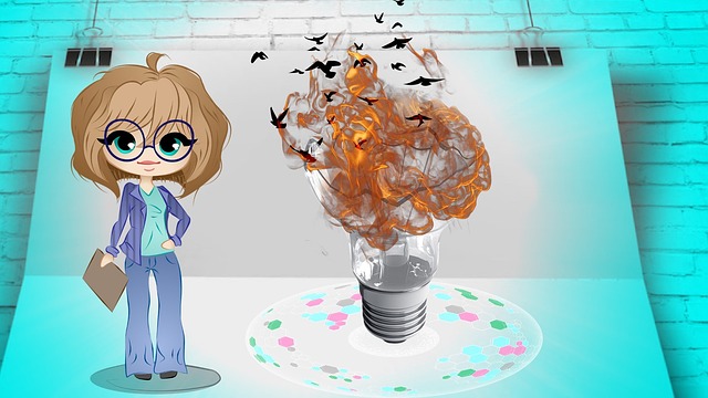 Manažérka, žiarovka, oheň, kreslené